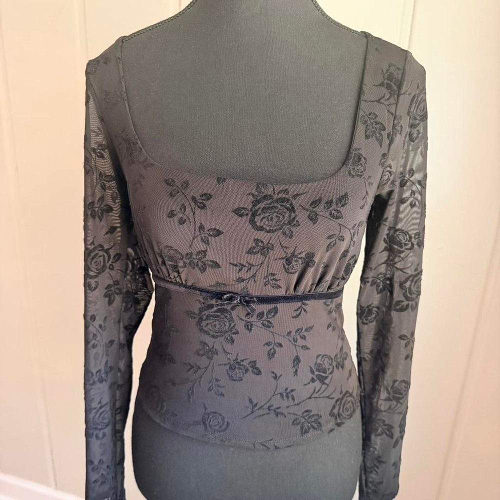 Black floral mesh long sleeve top with black rose and vine pattern